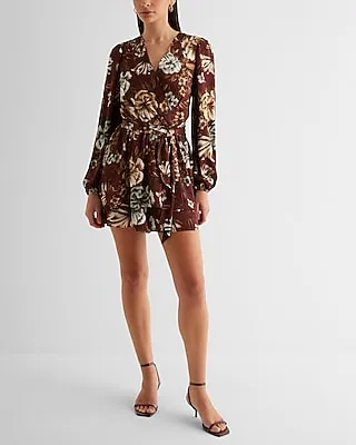 Cocktail & Party Floral Satin Ruffle Wrap Front Romper