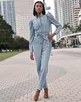 Casual Puff Sleeve Tie Waist Medium Wash Denim Jumpsuit Blue Women's 6