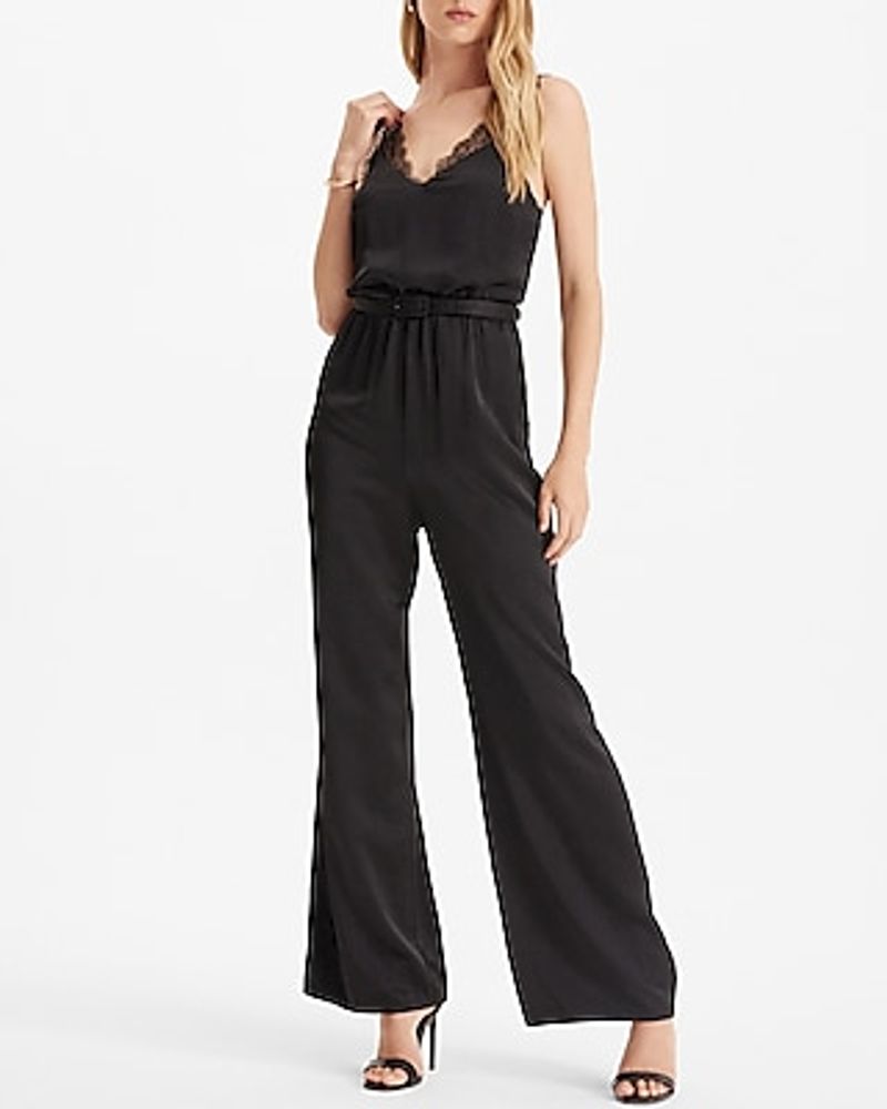 Express Cocktail & Party Satin V-Neck Lace Strap Belted Wide Leg