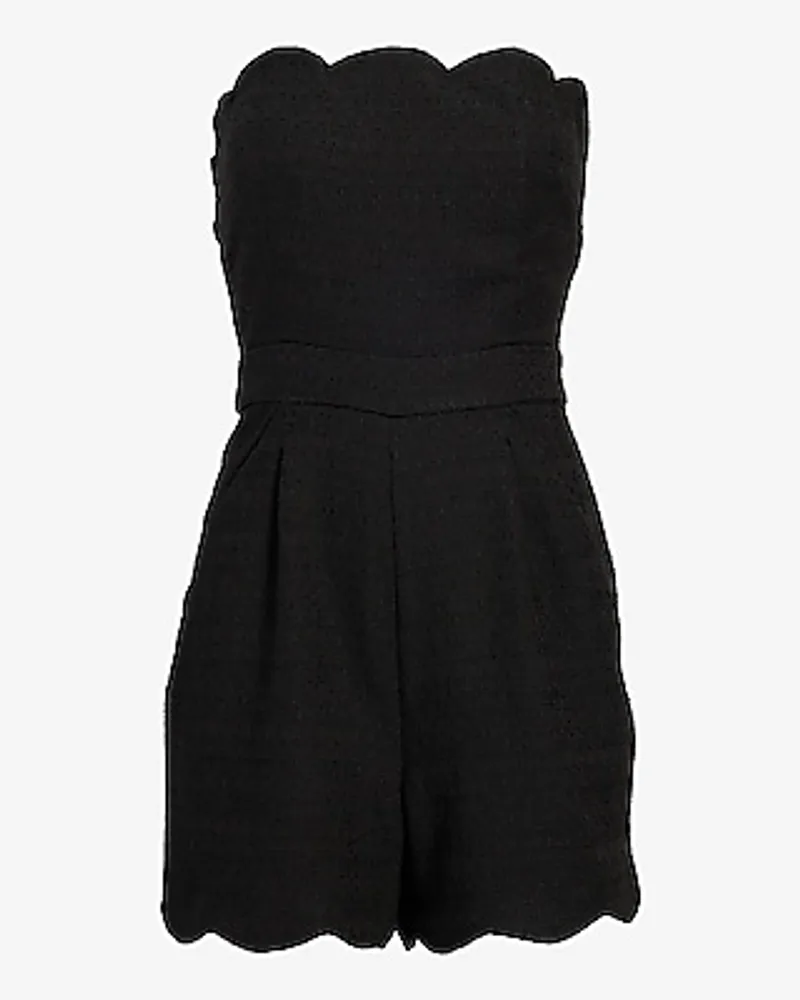 Cocktail & Party Tweed Strapless Scalloped Romper Black Women's