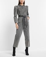 Casual Puff Sleeve Tie Waist Gray Wash Denim Jumpsuit