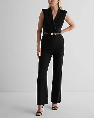 Work Sleeveless Blazer Jumpsuit Black Women's 0