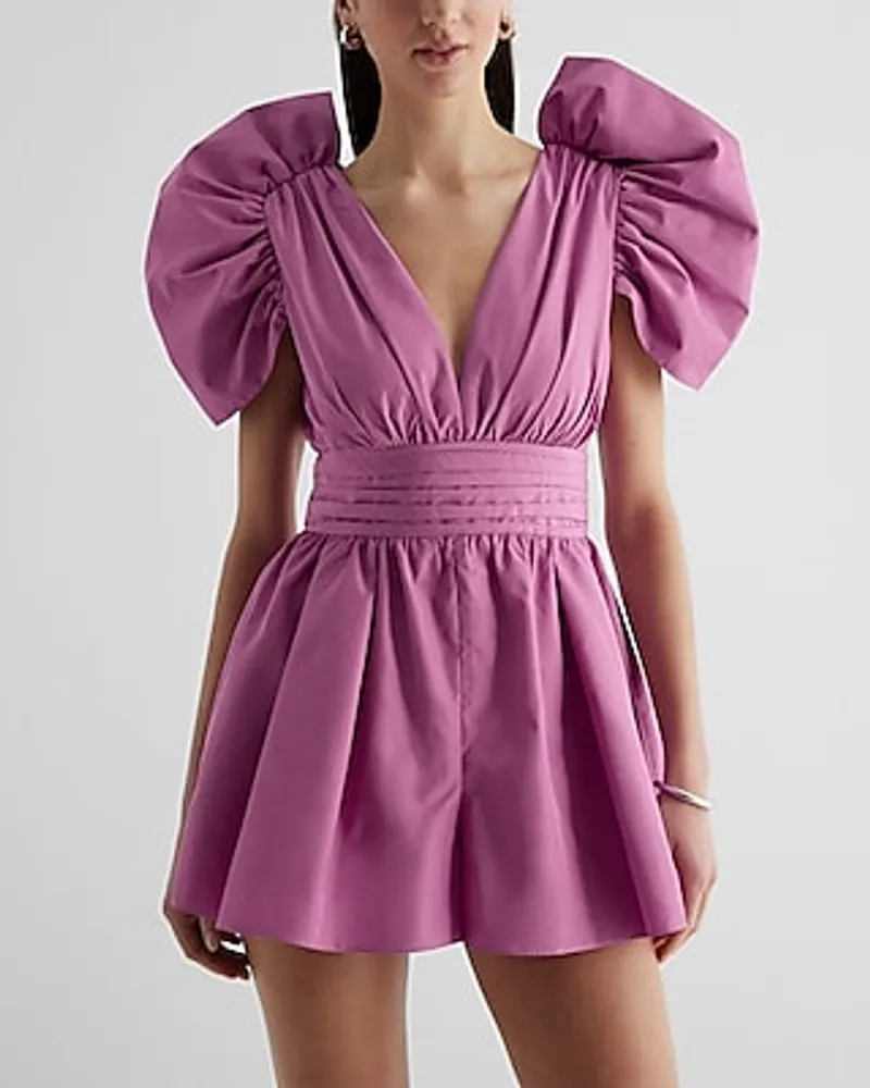 Cocktail & Party V-Neck Puff Sleeve Pleated Romper Purple Women's 10