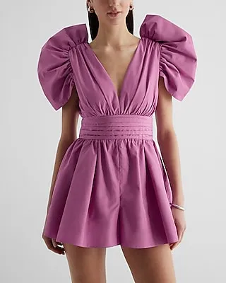 Cocktail & Party V-Neck Puff Sleeve Pleated Romper