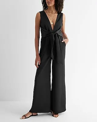 Cocktail & Party Satin V-Neck Tie Waist Wide Leg Palazzo Jumpsuit Women's