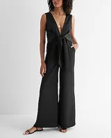 Cocktail & Party Satin V-Neck Tie Waist Wide Leg Palazzo Jumpsuit