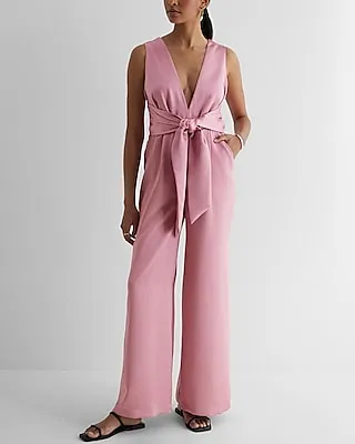 Cocktail & Party Satin V-Neck Tie Waist Wide Leg Palazzo Jumpsuit Pink Women's XL