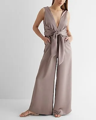 Cocktail & Party Satin V-Neck Tie Waist Wide Leg Palazzo Jumpsuit Women's