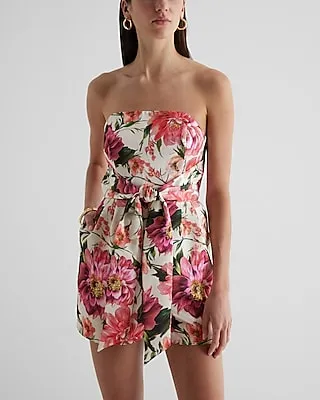 Cocktail & Party Satin Floral Strapless Tie Waist Romper Multi-Color Women's 4
