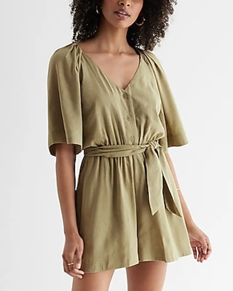 Casual Linen-Blend Button Up Tie Waist Romper Green Women's XS