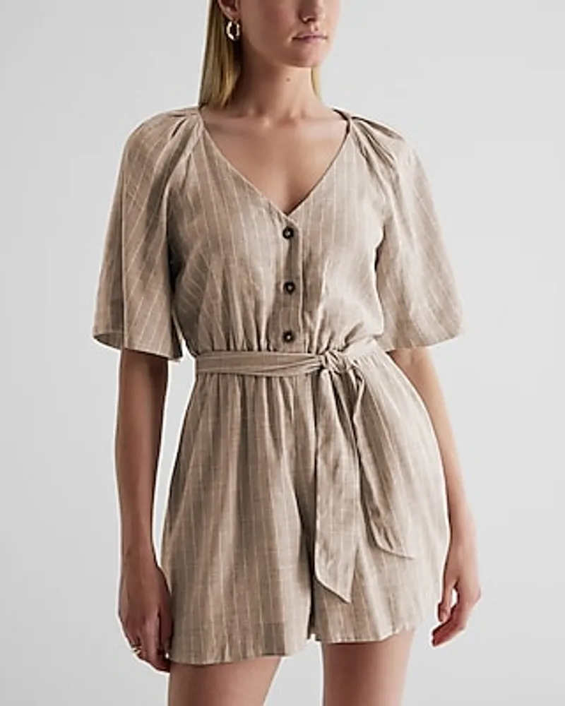 Casual Linen-Blend Striped Button Up Tie Waist Romper