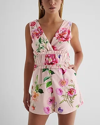 Cocktail & Party Floral V-Neck Embellished Rhinestone Pleated Ruffle Romper