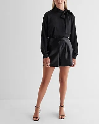 Work Faux Leather Tie Neck Long Sleeve Romper Black Women's XS