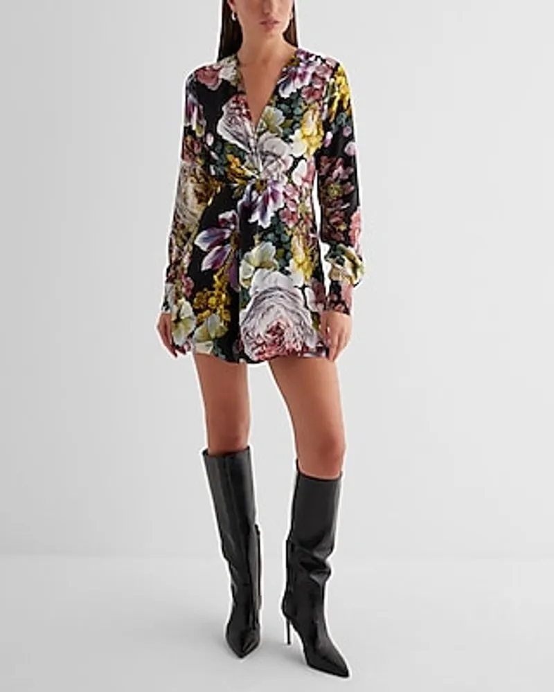 Cocktail & Party Floral V-Neck Long Sleeve Twist Front Romper Multi-Color Women's XS