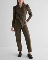 Casual Puff Sleeve Tie Waist Chino Jumpsuit Green Women's 0