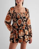 Casual Floral Square Neck Long Sleeve Smocked Romper Multi-Color Women's XS