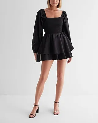 Casual,Bridal Shower Square Neck Long Sleeve Smocked Poplin Romper Black Women's XS