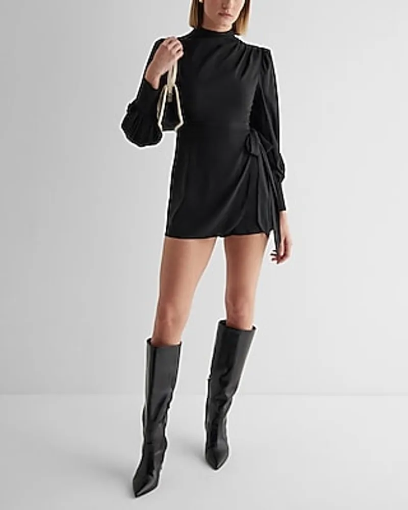 Date Night,Cocktail & Party Mock Neck Puff Sleeve Tie Waist Romper Black Women's 4