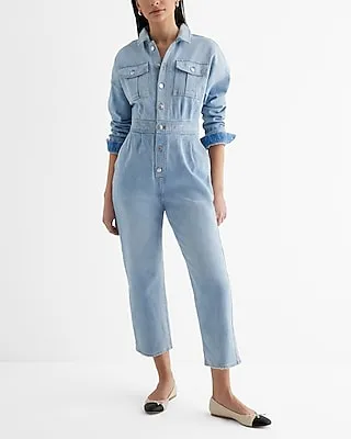 Casual Denim Relaxed Ankle Straight Leg Jumpsuit Blue Women's