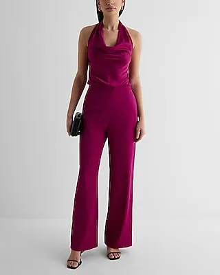Date Night,Cocktail & Party,Formal Satin Tie Halter Cowl Neck Wide Leg Palazzo Jumpsuit