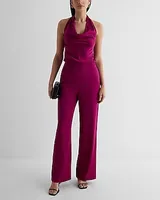 Date Night,Cocktail & Party,Formal Satin Tie Halter Cowl Neck Wide Leg Palazzo Jumpsuit Pink Women's S