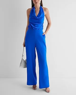 Date Night,Cocktail & Party,Formal Satin Tie Halter Cowl Neck Wide Leg Palazzo Jumpsuit Women's