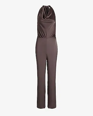 Date Night,Cocktail & Party,Formal Satin Tie Halter Cowl Neck Wide Leg Palazzo Jumpsuit Women