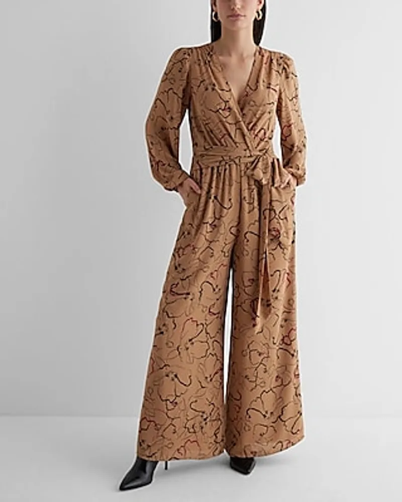 Date Night Printed V-Neck Surplice Tie Waist Wide Leg Palazzo Jumpsuit