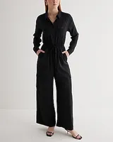 Casual Button Front Tie Waist Wide Leg Palazzo Cargo Jumpsuit Women's