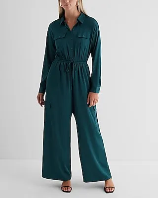 Casual Button Front Tie Waist Wide Leg Palazzo Cargo Jumpsuit Green Women's XS