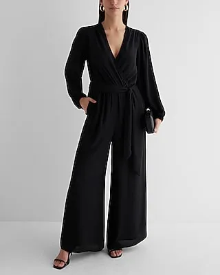 Date Night V-Neck Surplice Tie Waist Wide Leg Palazzo Jumpsuit Black Women