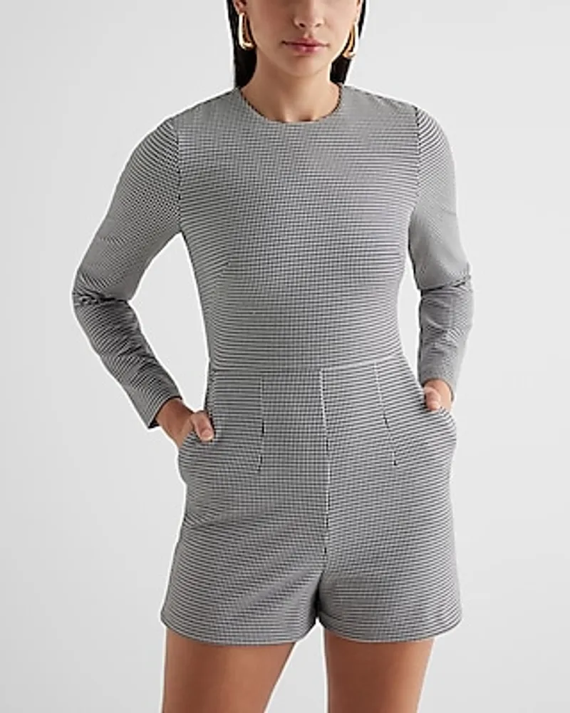 Houndstooth Crew Neck Long Sleeve Romper Black Women's 8