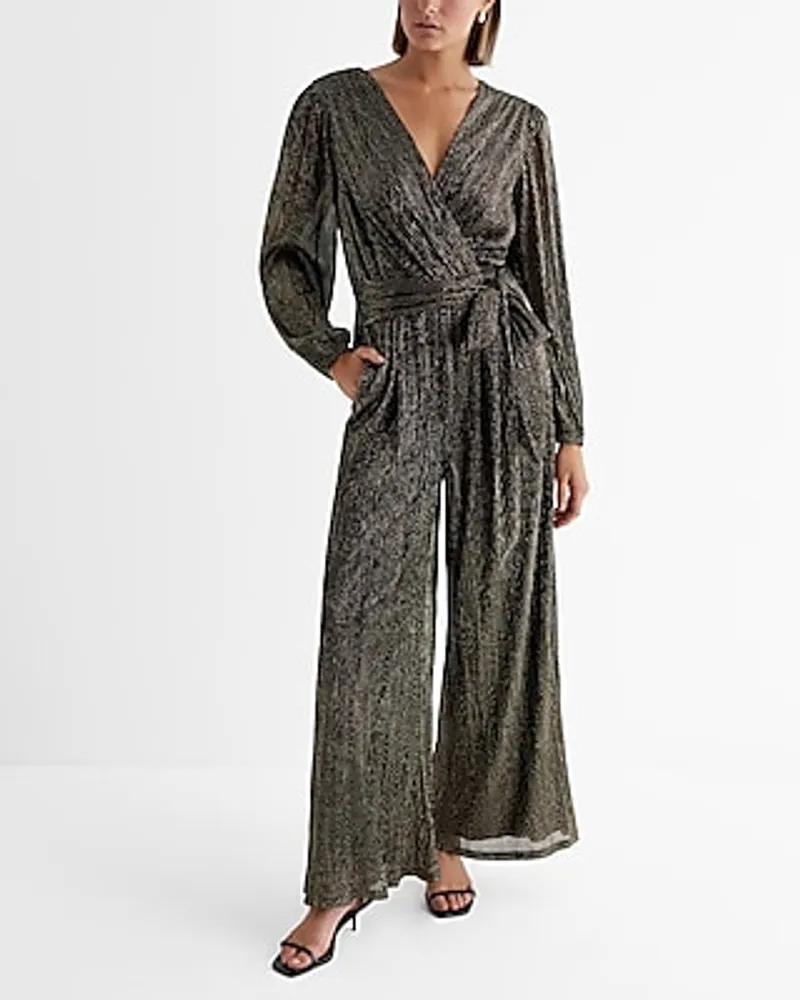 Date Night,Cocktail & Party Metallic V-Neck Surplice Tie Waist Wide Leg Palazzo Jumpsuit