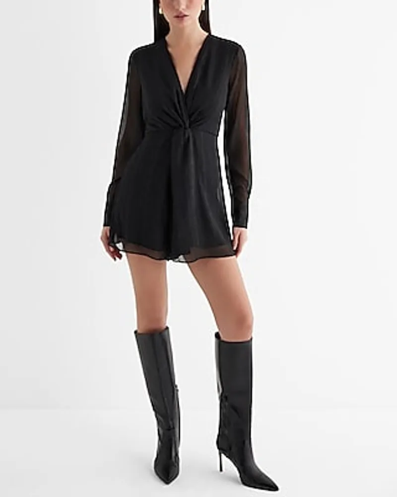 Cocktail & Party Metallic V-Neck Long Sleeve Twist Front Romper Black Women's M