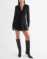 Cocktail & Party Metallic V-Neck Long Sleeve Twist Front Romper Black Women's XS