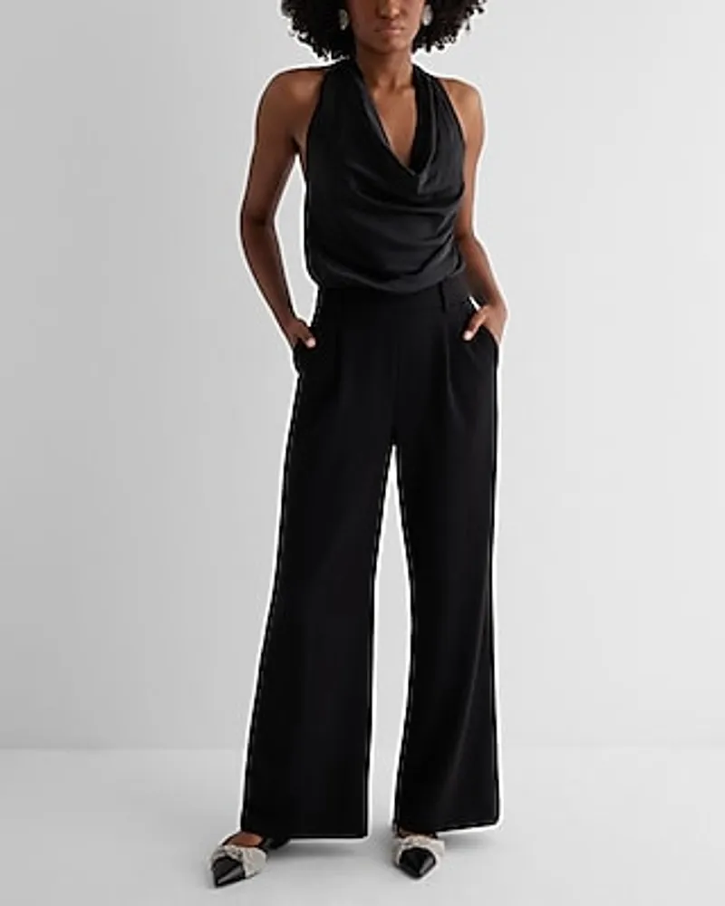 Date Night,Cocktail & Party,Formal Satin Tie Halter Cowl Neck Wide Leg Palazzo Jumpsuit Black Women's L