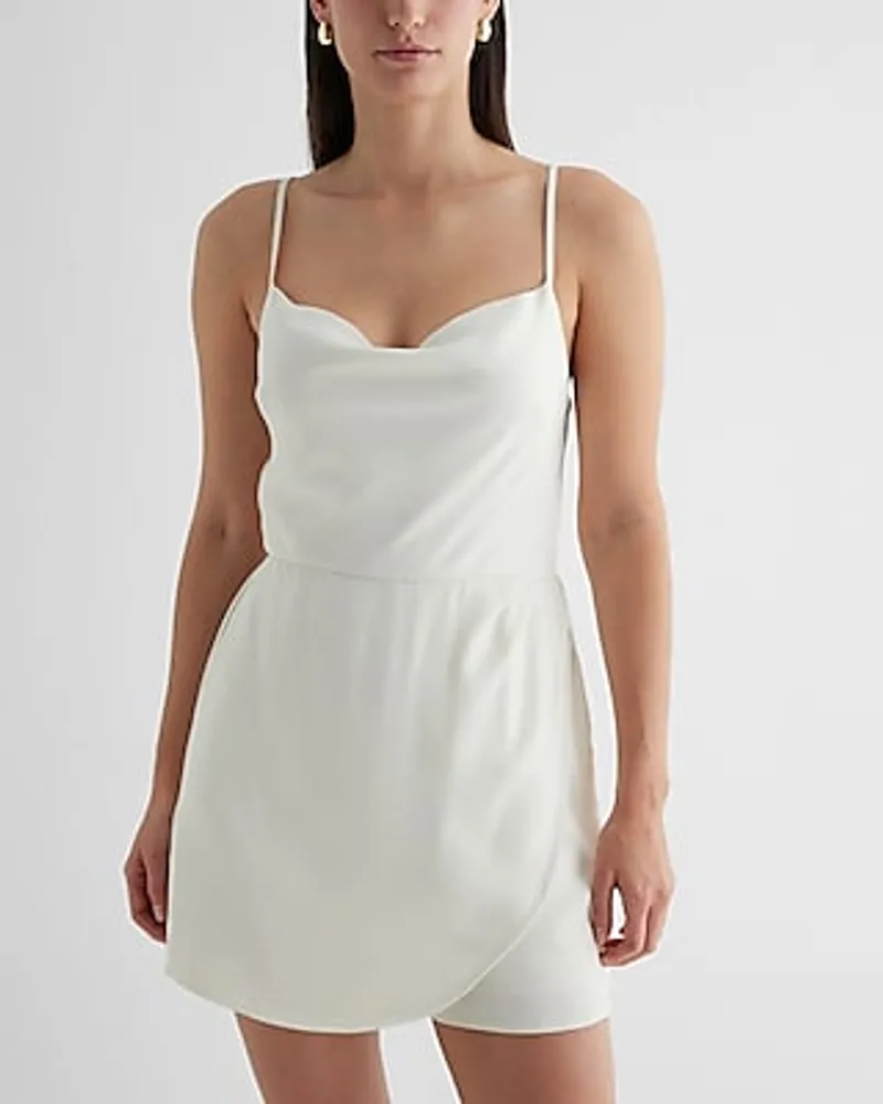 Date Night,Cocktail & Party Satin Cowl Neck Surplice Romper White Women's XS