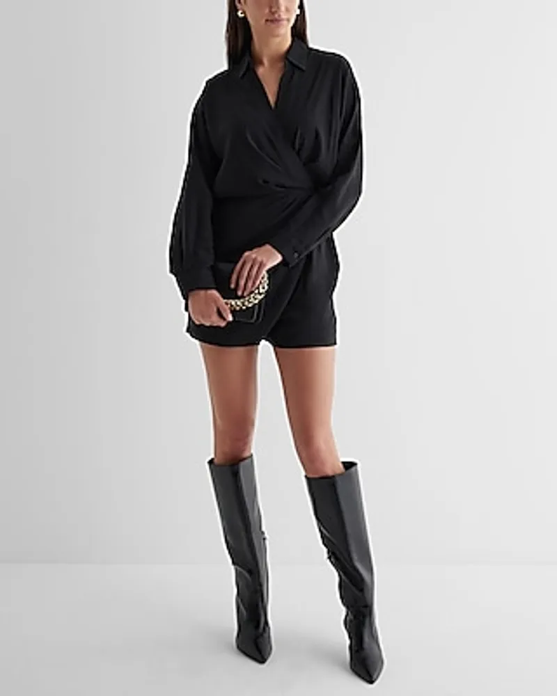 Deep V-Neck Surplice Shirt Romper Black Women's M