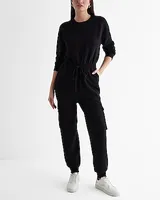 Casual Long Sleeve Tie Waist Cargo Fleece Jumpsuit Black Women's