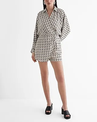 Cocktail & Party,Work Printed Deep V-Neck Surplice Shirt Romper