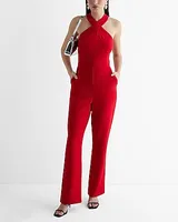 Date Night,Cocktail & Party Halter Neck Flare Leg Jumpsuit Red Women's