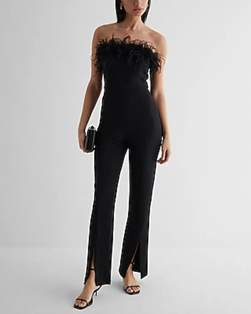 Date Night,Cocktail & Party Feather Trim Strapless Split Hem Jumpsuit Black Women's XS