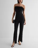 Date Night,Cocktail & Party Feather Trim Strapless Split Hem Jumpsuit