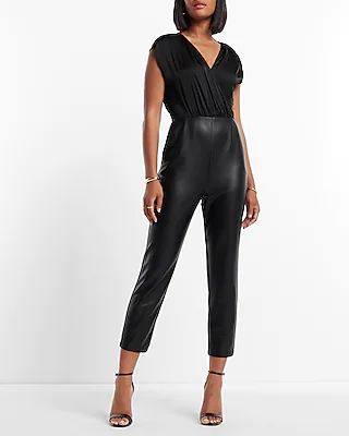 Cocktail & Party Cap Sleeve Faux Leather Jumpsuit Black Women's L