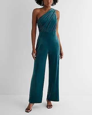 Cocktail & Party Velvet One Shoulder Ruched Wide Leg Palazzo Jumpsuit Green Women's