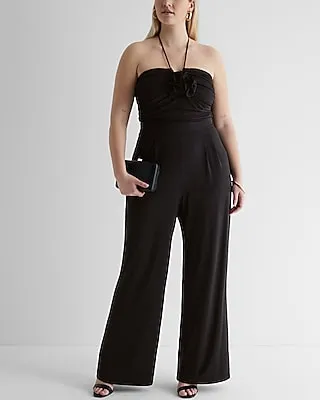 Cocktail & Party Halter Neck Rosette Wide Leg Palazzo Jumpsuit Black Women's XS