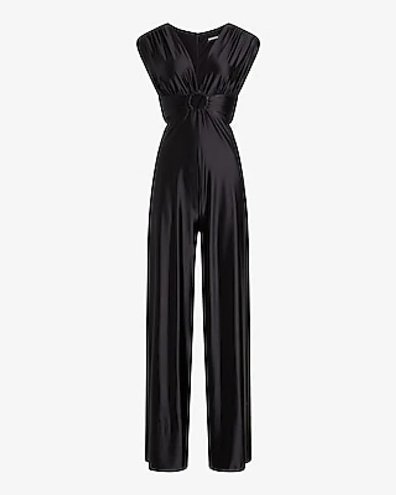 Cocktail & Party V-Neck O-Ring Cutout Wide Leg Palazzo Jumpsuit Black Women's XS