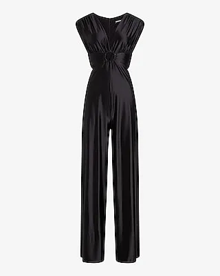 Cocktail & Party V-Neck O-Ring Cutout Wide Leg Palazzo Jumpsuit Black Women's XS