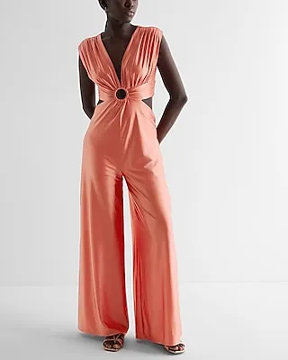 Cocktail & Party V-Neck O-Ring Cutout Wide Leg Palazzo Jumpsuit Orange Women's XS