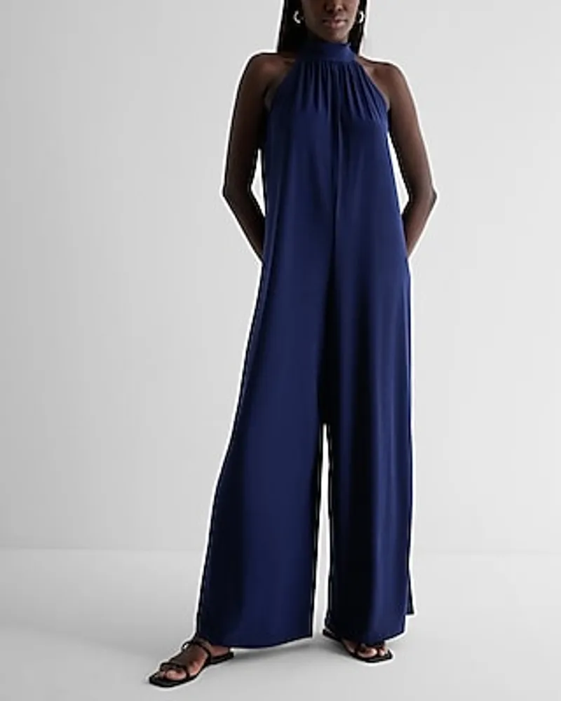 Casual Mock Neck Shapeless Wide Leg Palazzo Jumpsuit Blue Women's XS